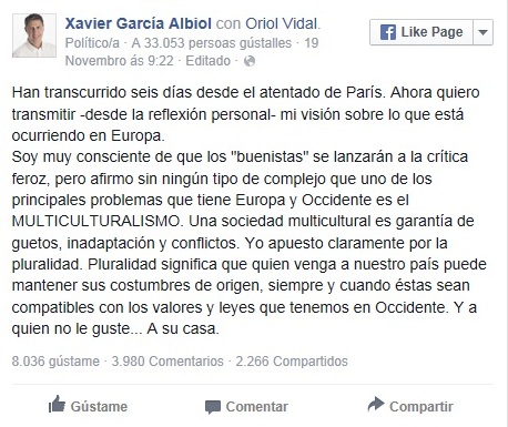 Comentario de Xavier García Albiol en Facebook