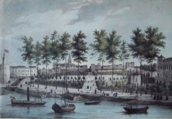 Río Guadalquivir, Salón de Cristina y embarcadero junto al Palacio de San Telmo. Primer tercio del siglo XIX.